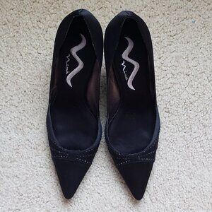 Nina black satin pumps with rhinestones
